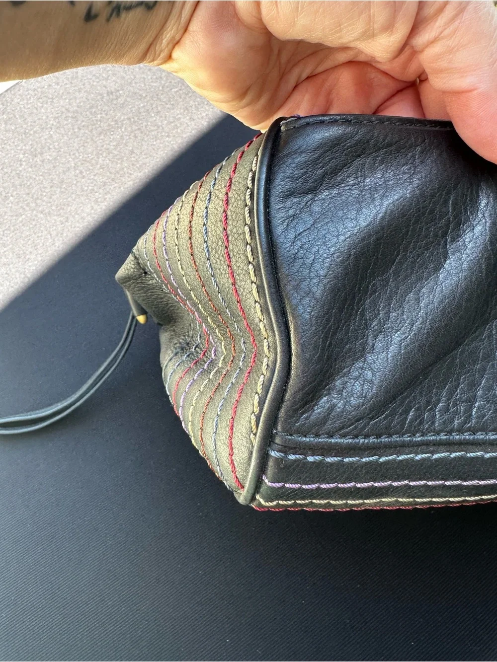 UGG Black Leather Satchel with Gold Ring Handles and Multicolor Stitching